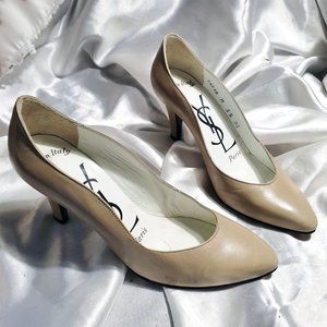 Vintage YSL beige tan thick high heel leather pumps SZ 5.5